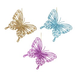Подвеска декоративная Бабочка 13см набор 3шт, пластик, глиттер, золотой, голубой