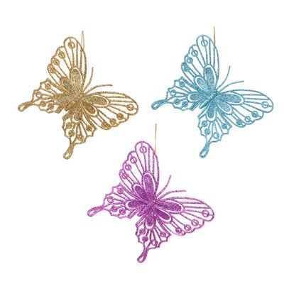 Подвеска декоративная Бабочка 13см набор 3шт, пластик, глиттер, золотой, голубой