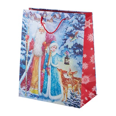 Пакет с ручкой бумажный Мега (L) 26х32х13 Дед мороз и снегурочка, елочка на к(кратно 10) цена за 1шт